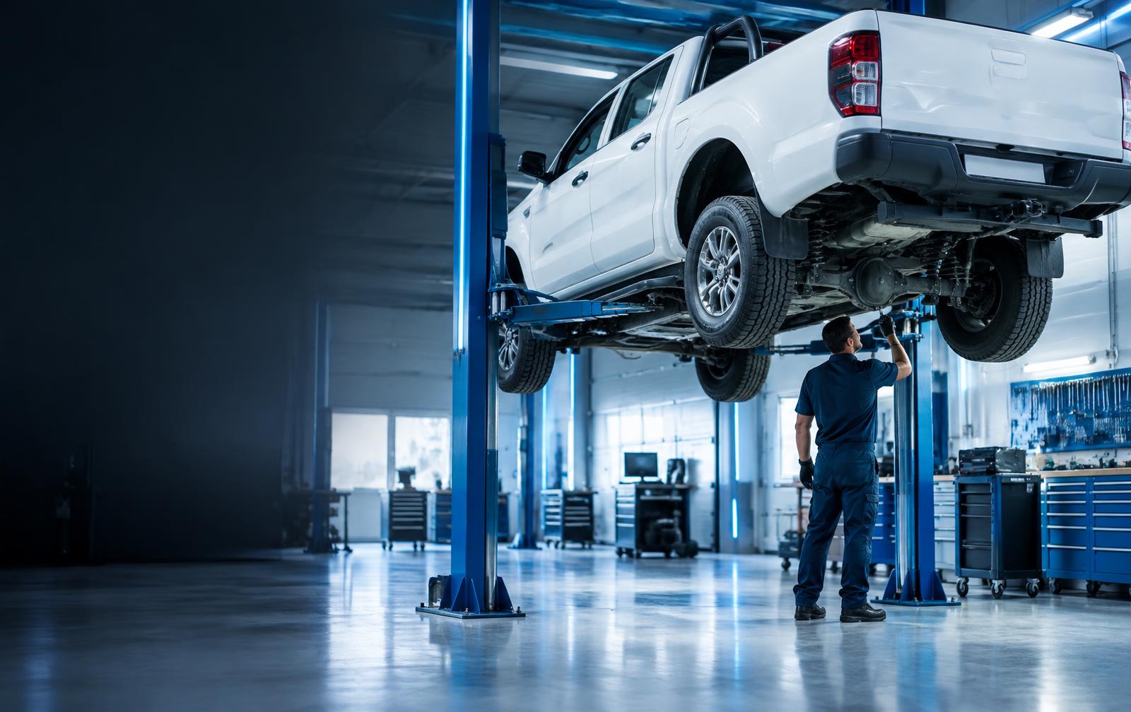 Mechanic inspecting a bakkie in a premium workshop